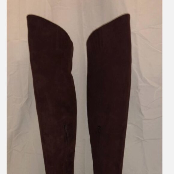 37.5/7❤️SAINT LAURENT Burgundy SUEDE Leather Low Heel OVER THE KNEE Tall BOOTS - Picture 4 of 11